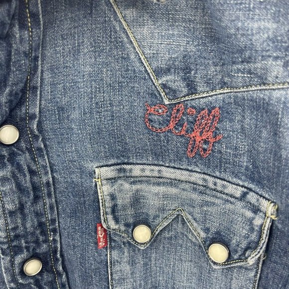 VTG Levi's Big E Sawtooth Short Horn Pearl Snap Button Denim Shirt Sanforized - Picture 5 of 16